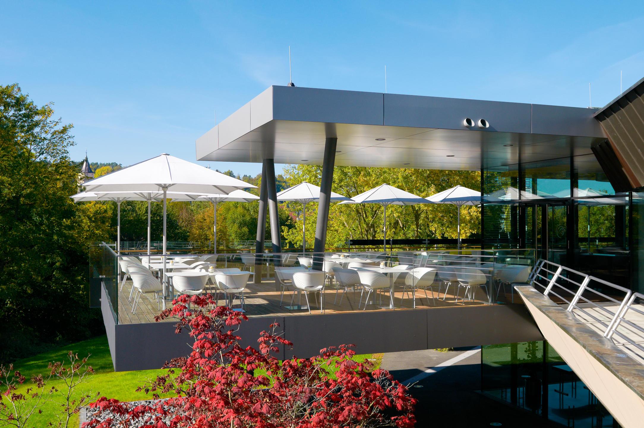 Patio with white parasols